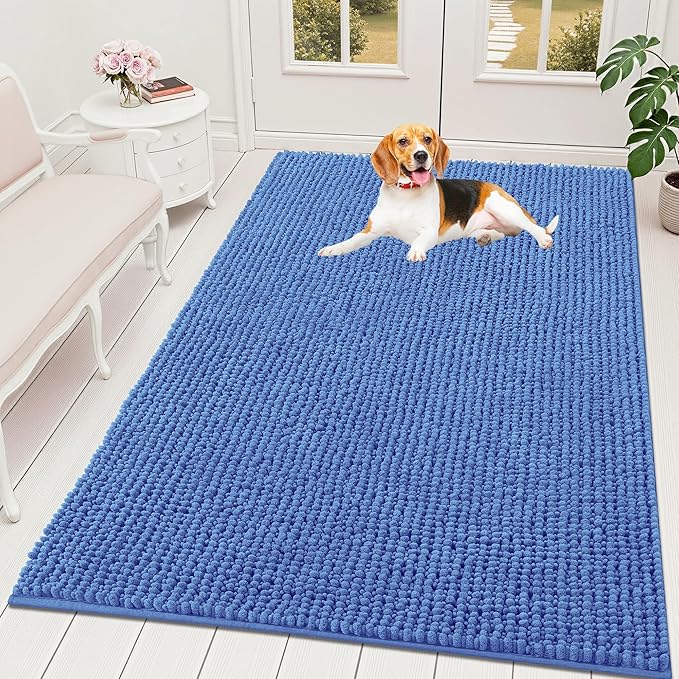 OLANLY Dog Door Mat for Muddy Paws 70x46, Ultra Absorbent Chenille Mud Doormat, Non-Slip Washable and Dirt Trapping Doormat for Indoor Entryway, Quick-Dry Indoor Pet Bed Mats for Dogs, Cornflower Blue