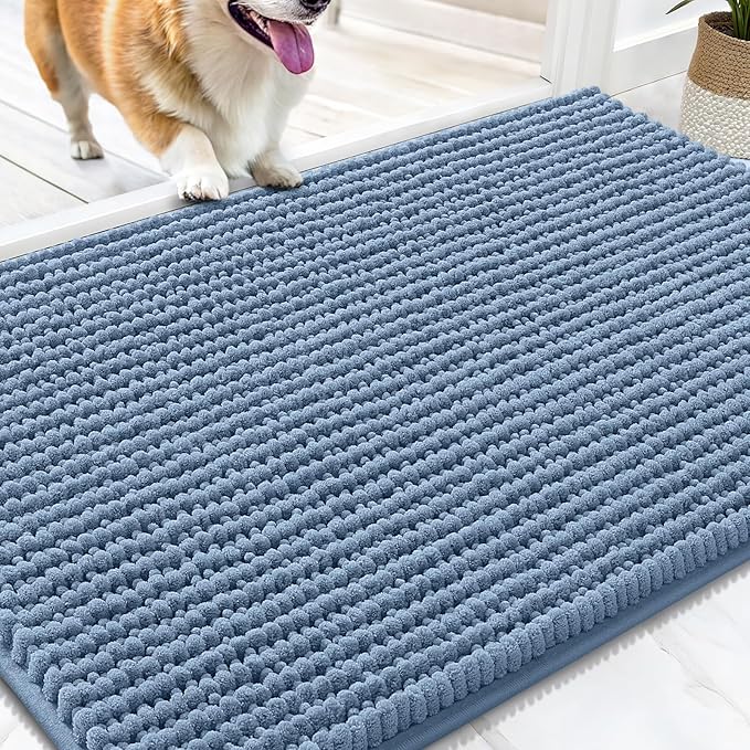 OLANLY Dog Door Mat for Muddy Paws 34x21, Ultra Absorbent Chenille Mud Doormat, Non-Slip Washable and Dirt Trapping Doormat for Indoor Entryway, Quick-Dry Indoor Pet Bed Mats for Dogs, Airy Blue