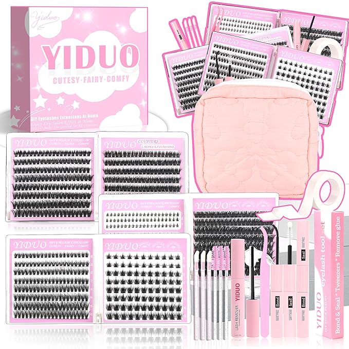 YIDUO 6 Styles Lash Clusters Kit 40D+60D+80D+Manga with Spikes Portable Lash Makeup Bag Kit Volume Studio Effect Lashes Kit 10-18mm Wispy Individual Eyelash Extensions with Lash Bond and Seal