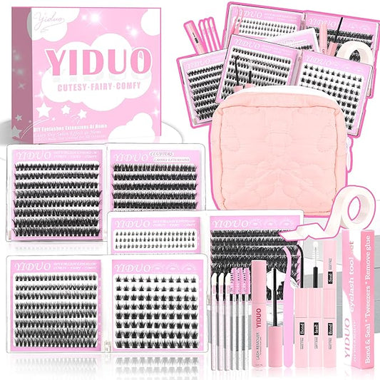 YIDUO 6 Styles Lash Clusters Kit 40D+60D+80D+Manga with Spikes Portable Lash Makeup Bag Kit Volume Studio Effect Lashes Kit 10-18mm Wispy Individual Eyelash Extensions with Lash Bond and Seal