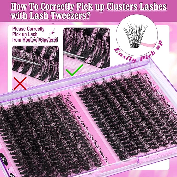 Yawamica Lash Clusters 40D+50D Fluffier Volume Individual Lashes Natural Lash Extension 10-16mm Wispy D Curly Eyelash Clusters 280pcs for DIY Lash at Home (Black)