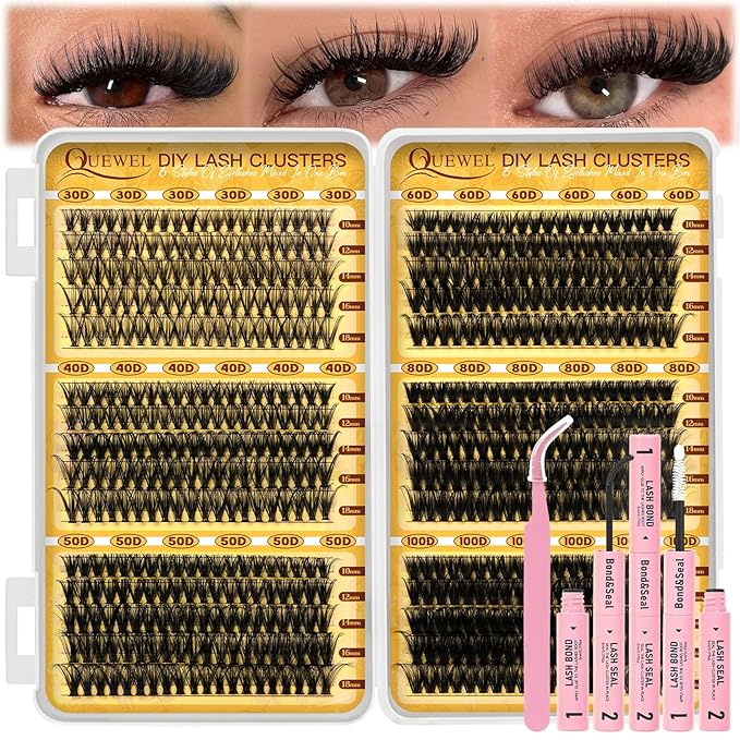 QUEWEL 580PCS Lash Clusters Kit 30D+40D+50D+60D+80D+100D Lashes Clusters Kit 10-18mm Cluster Lashes Individual Eyelash Clusters Reusable for Natural DIY Cluster Eyelash Extensions for Beginners