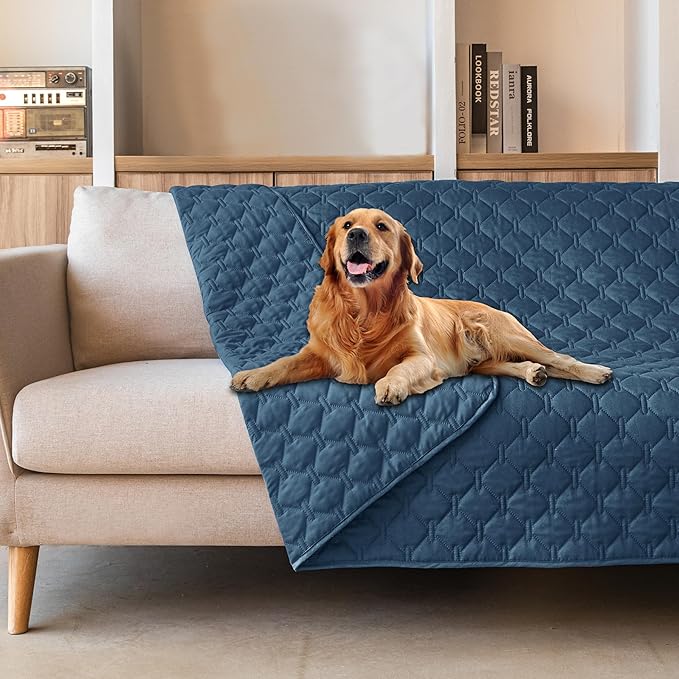 gogobunny 3X Stronger Waterproof Pet Blanket, Scratch Proof Furniture Protector for Dogs Cats, Reversible Cover 82x102 Inch, Dark Blue