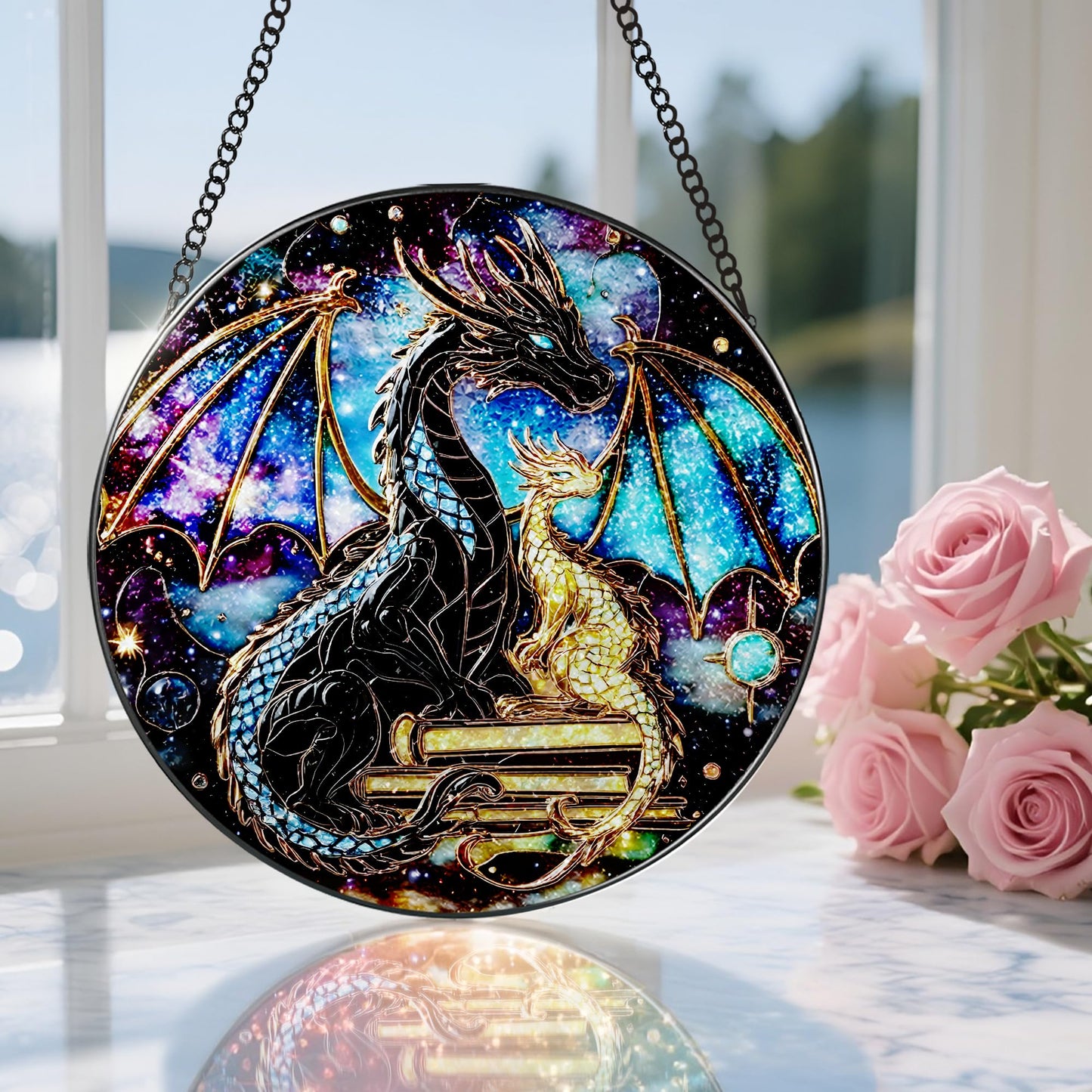 Stained Glass Window Hanging, 8 Inch Dragon Stained Glass Suncatcher, Sun Catchers Indoor Window, Suncatchers for Windows Hanging, Book Lover Christmas Ornament, Perfect for Bookworms