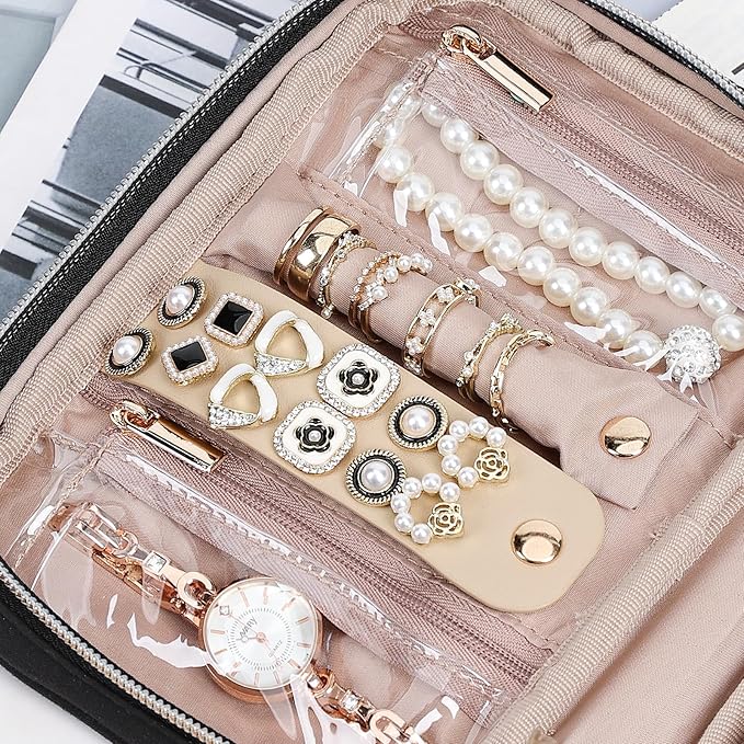 NISHEL Travel Jewelry Case, Holiday Organizer for Necklaces, Earrings, Rings, Bracelets, Watch,Small,Black