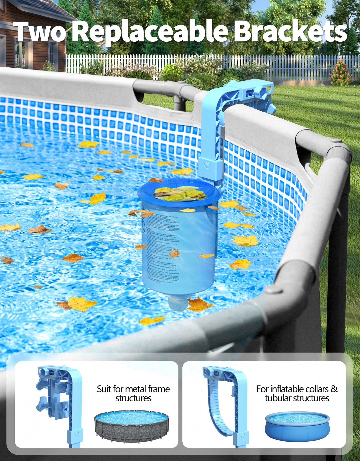 BluSwim 2026 Above Ground Pool Surface Skimmer Come with 3 Filter Socks, Enhanced Structure & Thickened Brackets Wall Mount Pool Skimmer, Floating Top Skimmers - Auto Skimming Water Surface Debris