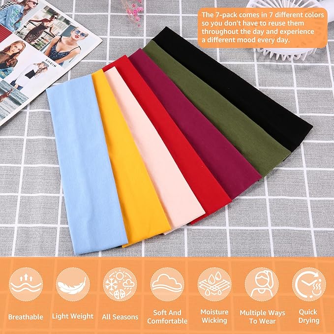 DiyJibb Headbands for Women, Stretchy Non Slip Soft Cotton Cloth Hair Bands for Sports, Workout, Yoga and Running, 7pcs