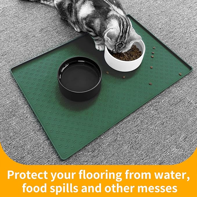 Ptlom Pet Placemat for Dog and Cat, Waterproof Silicone Pet Feeding Bowl Mats for Food and Water, Small Medium Large Dogs Mat Prevent Residues from Spilling to Floor, Hunter Green, 18" 12"