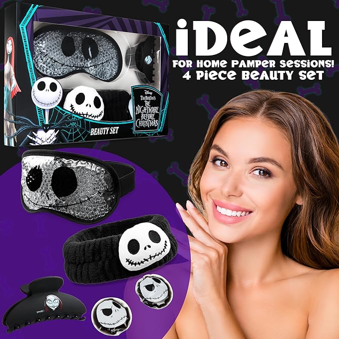 Disney The Nightmare Before Christmas Beauty Accessories Set for Women, Teens with Eye Mask Eye Pads Headband Claw Clip Pampering Gifts for Women, Wife, Girlfriend (Black)