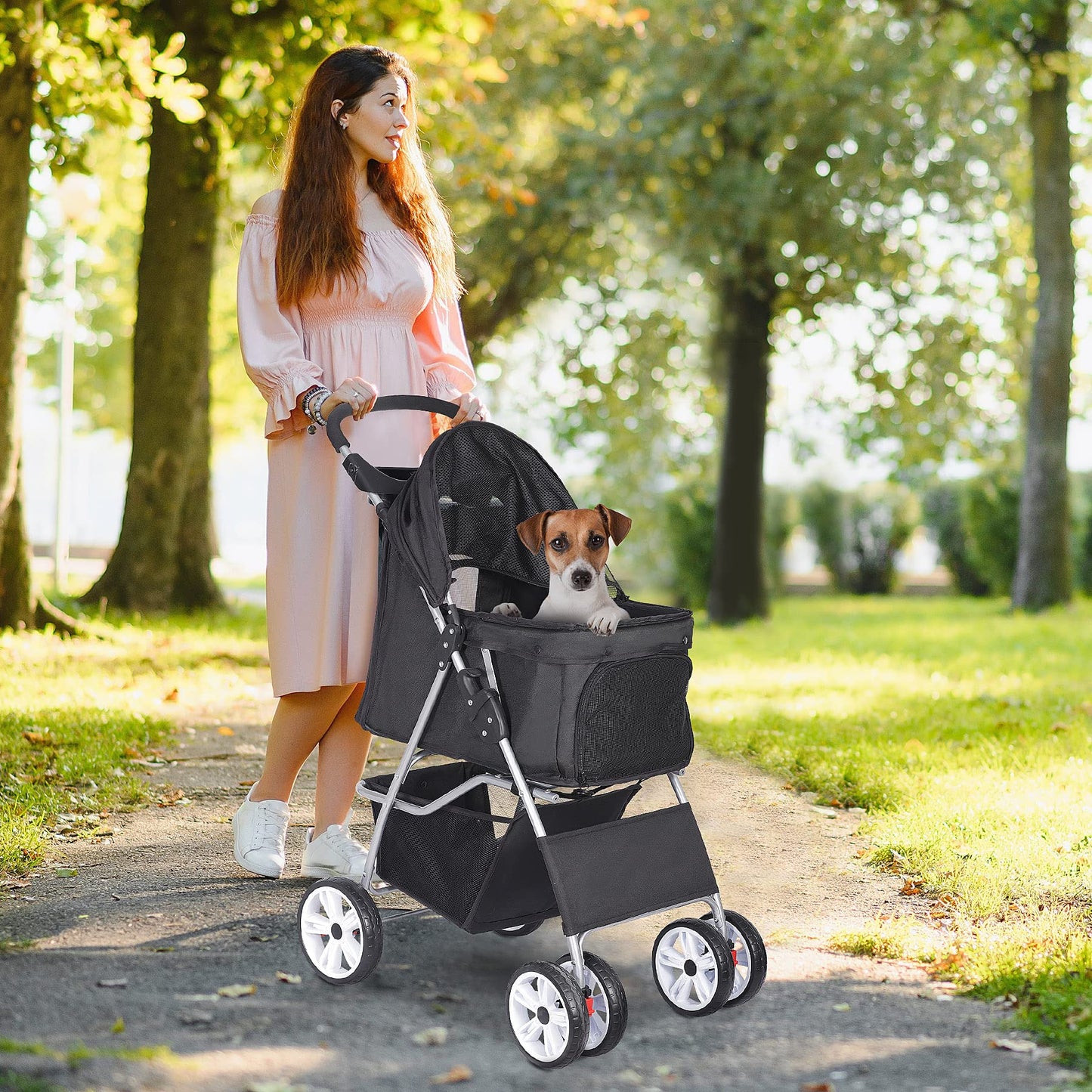 LEMY 4 Wheels Pet Dog Cat Stroller for Small Medium Dogs Cats,Black Foldable Jogger Travel Puppy with Detachable Carrier