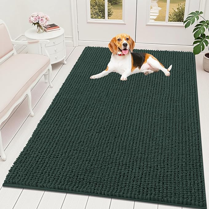 OLANLY Dog Door Mat for Muddy Paws 59x35, Ultra Absorbent Chenille Mud Doormat, Non-Slip Washable and Dirt Trapping Doormat for Indoor Entryway, Quick-Dry Indoor Pet Bed Mats for Dogs, Blackish Green