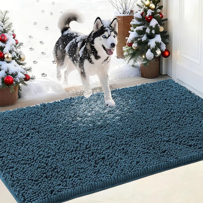 IM HOME Chenille Absorbent Outdoor Doormat 30" x 20", Washable Muddy Door Mats for Dog Non Slip Indoor Doormat Dog Mat for Muddy Paw Front Inside Doormats for Entryway Atlantic Blue