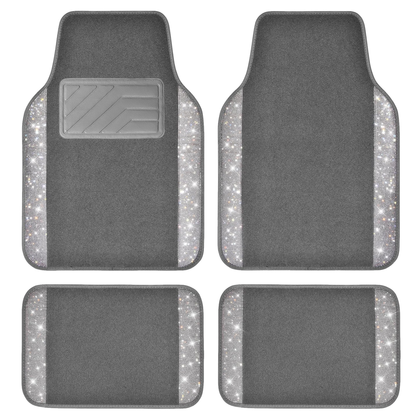 CAR PASS Bling Diamond Car Mats Shining Carpet Crystal Rhinestones Sparkly Glitter Floor Mats with Anti-Slip PVC Heel Pad Universal Fit for Automotive SUV, Sedan, Car, Van, 4pcs for Girl Women, Gray