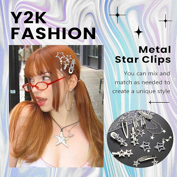 10PCS Star Hair Clips Y2K Silver Hair Clips Metal Star Barrettes 8 Shapes Pentagram Hair Snap Clips Punk Kawaii 2000s Hair Accessories for Women