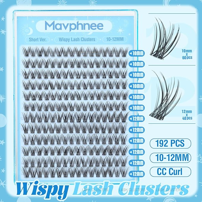 Wispy Lash Clusters 10-12MM Eyelash Clusters Short Individual Lashes Natural Cluster Eyelashes Extensions for Daily Wear DIY Lash Extensions at Home (192Pcs, Clear Band, C Curl, 0.07D, Reusable)