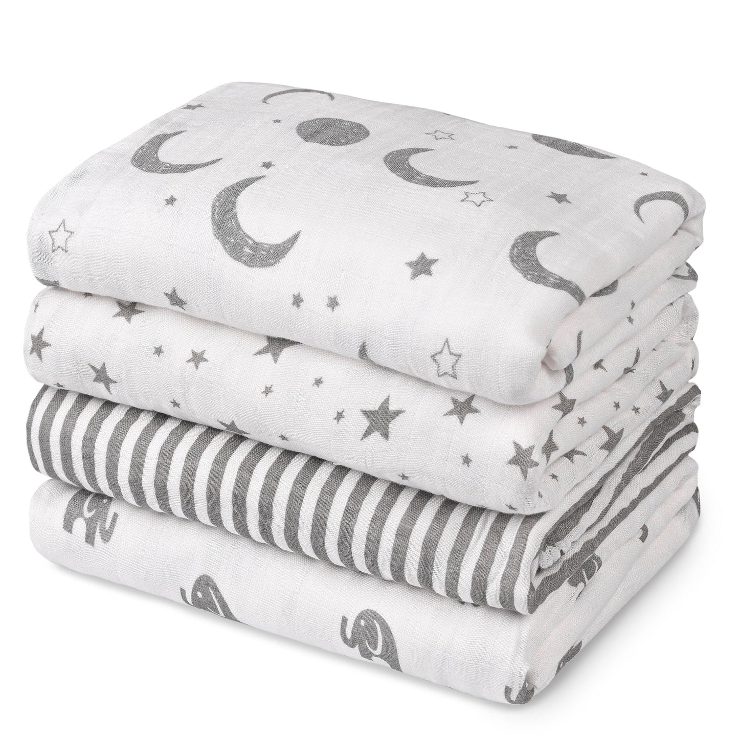 GLLQUEN BABY Muslin Swaddle Blankets 4-Pack Breathable Receiving Blankets (35" x 40") Soft Baby Blankets for Girls and Boys Newborn Essentials Muslin Burp Cloths Swaddle Wrap Baby Gift (Elephant)