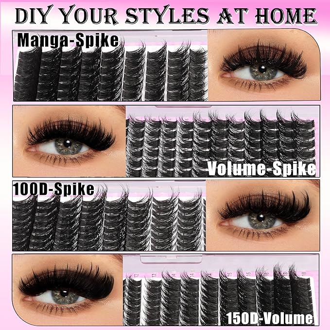 YIDUO Manga Lash Clusters Kit 4 Styles Spiky Volume Clusters Lashes Extensions Kit with 2X Bond and Seal 887Pcs Wispy Eyelash Clusters Kit Thick 100D+150D+Wide Soft Thin Band Cluster Lash Kit