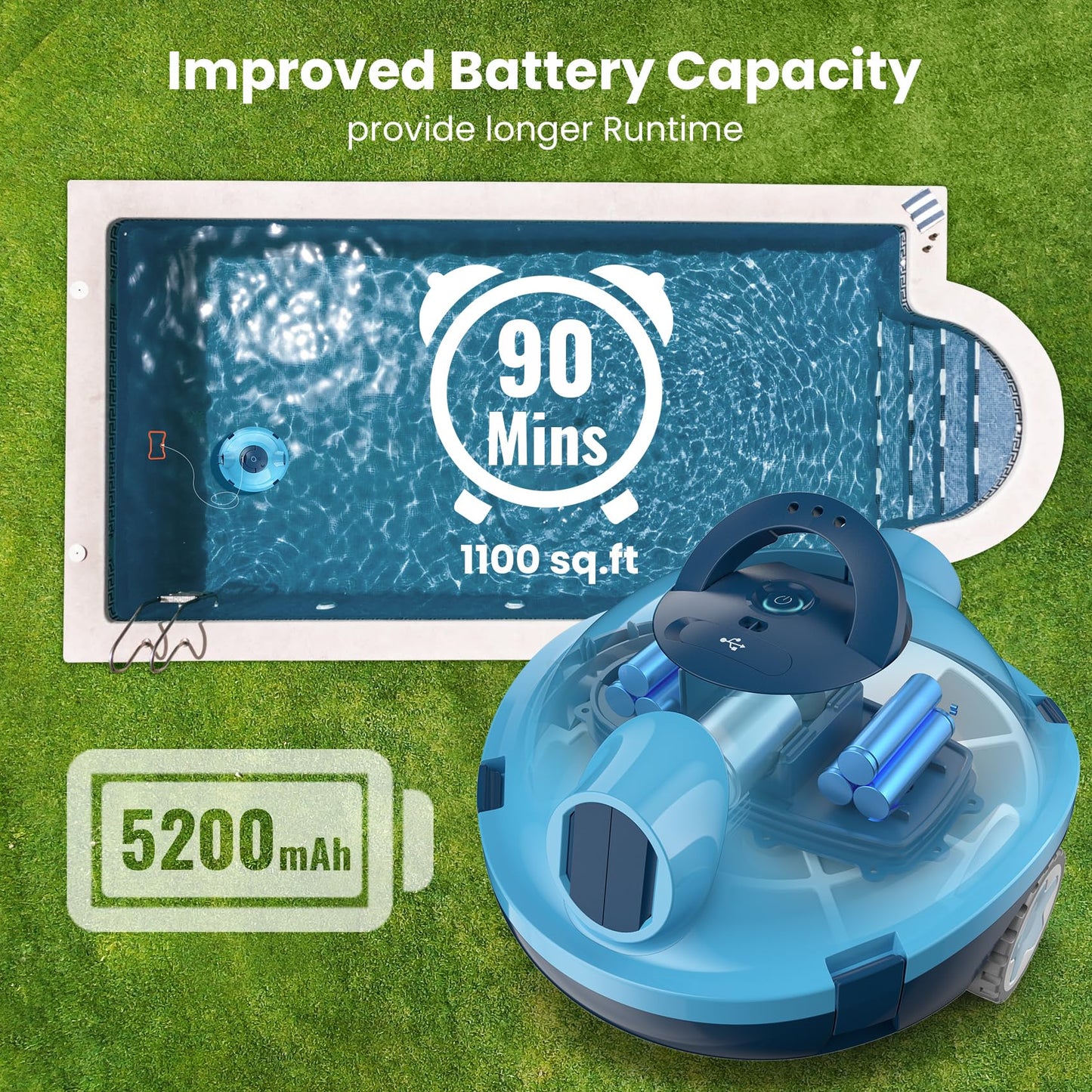 Y10 Cordless Robotic Pool Cleaner, Automatic Pool Vacuum - 90 Mins Runtime, Powerful Suction, Self-Parking, Lightweight for Above/Inground Pools Up to 65ft/1100 Sq.Ft (Navy)