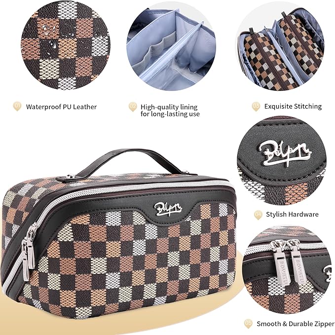 BOYATU Travel Makeup Bag Organizer Cosmetic Bag: 3 Pcs Set Make up Bags for Women with Handle - Waterproof Vegan Leather Toiletry Bag (01-H-Coffee)