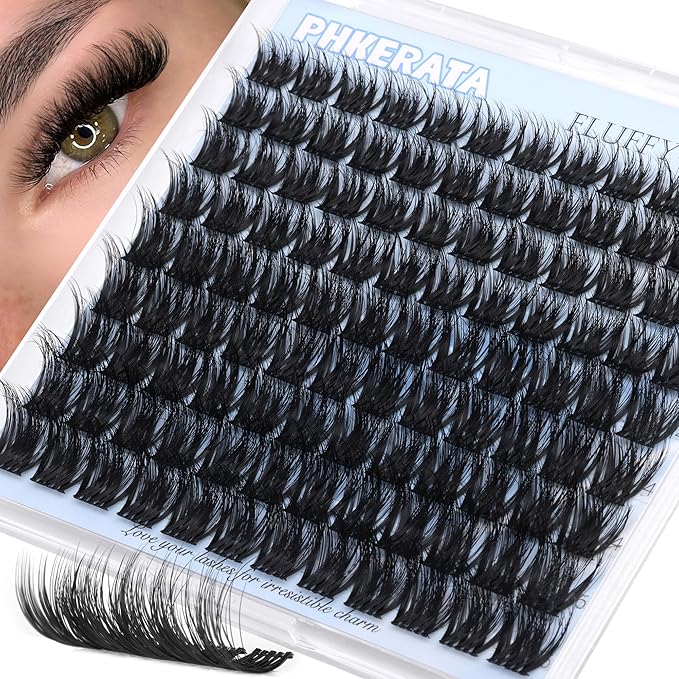PHKERATA Fluffy Lash Clusters Wispy Eyelash Clusters Volume Clusters Eyelash Extensions, 10-16mm Mixed DIY Individual Lashes Cluster with Soft Thin Band, 108Pcs