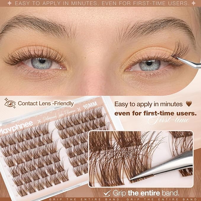 16MM Brown Eyelash Clusters Natural Yet Noticeable Lash Clusters Dark Brown Wispy Individual Lash Extensions, Easy to Apply & Reusable