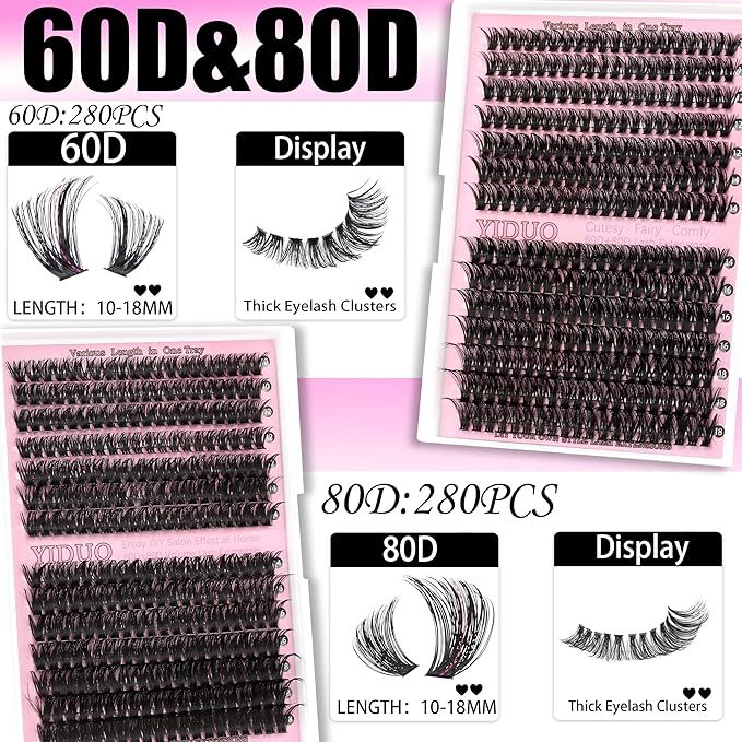 YIDUO 4 Styles Lash Clusters Kit 60D+80D+100D+150D Volume Clusters Lashes Extensions Kit with 2 X Bond and Seal 10-18mm Wispy D Curvature Full Individual Eyelash Extensions Kit DIY at Home Easily