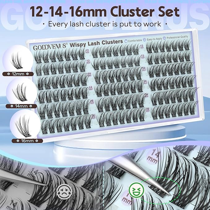 Goddvenus Wispy Natural Lash Clusters 12-14-16mm CC Curl DIY Cluster Eyelash Extensions for Clean Makeup, Individual False Eyelashes Cat Eye Lash Clusters 126pcs