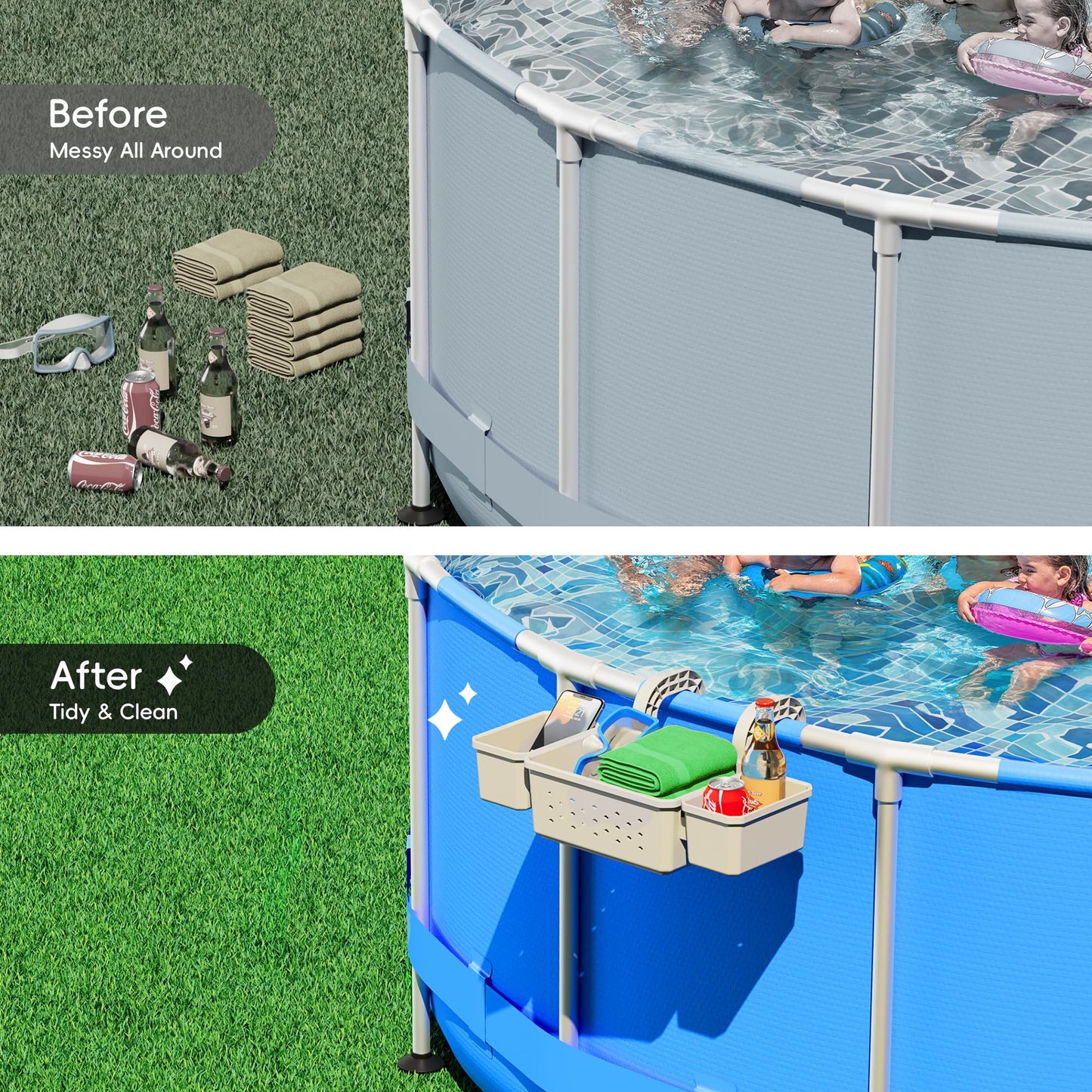 Kompoll [Patented] Poolside Storage for Above Ground Pool Accessories, Thickened Plastic Pool Basket with 2 Pool Cup Holder, Multifunctional Poolside Holder Fits for Most Frame Pools (1 Pack)