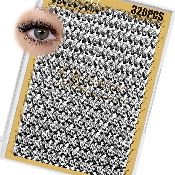 QUEWEL Lash Clusters 320Pcs Cluster Lashes 40D C Curl Lash Cluster Eyelash Extensions Mix12-18mm Individual Eyelashes Clusters Wispy Lash Clusters Thin Band Soft to Use at Home(40D C Mix12-18)