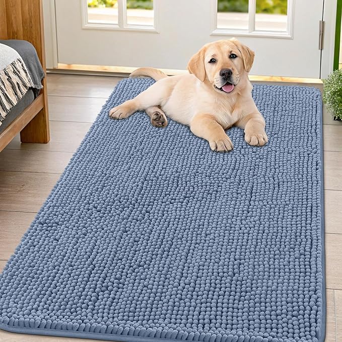 Smiry Dog Door Mat for Muddy Paws 47x32, Absorbs Moisture and Dirt Doormat, Non-Slip Washable Quick Dry Chenille Front Door Mat Indoor Entrance, Entryway Carpet for Inside Floor, Airy Blue