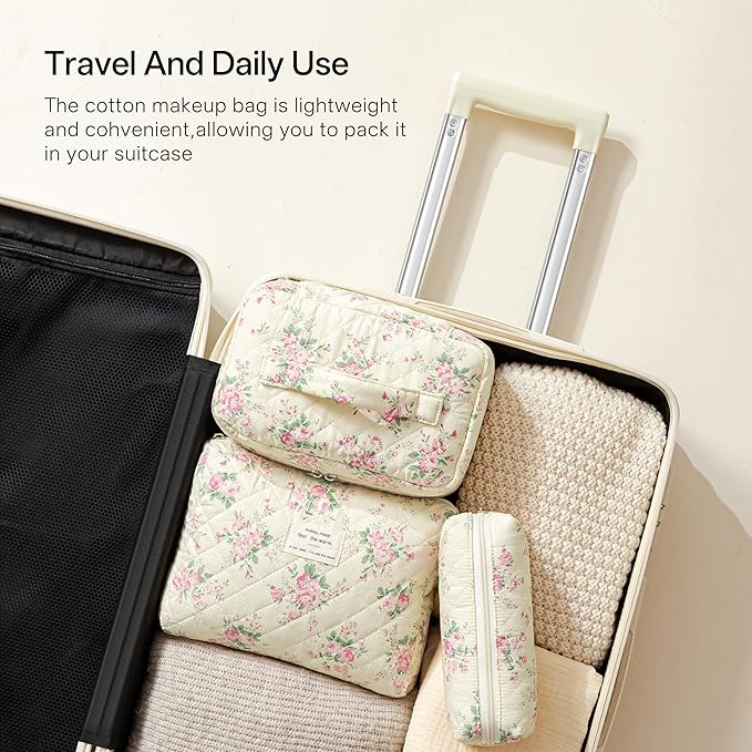 HBselect Quilted Makeup Bag, 3PCS Cotton Large Travel Makeup Bag, Cute Floral Coquette Make up Bag Cosmetic Bag Toiletry Bag for Women Girls