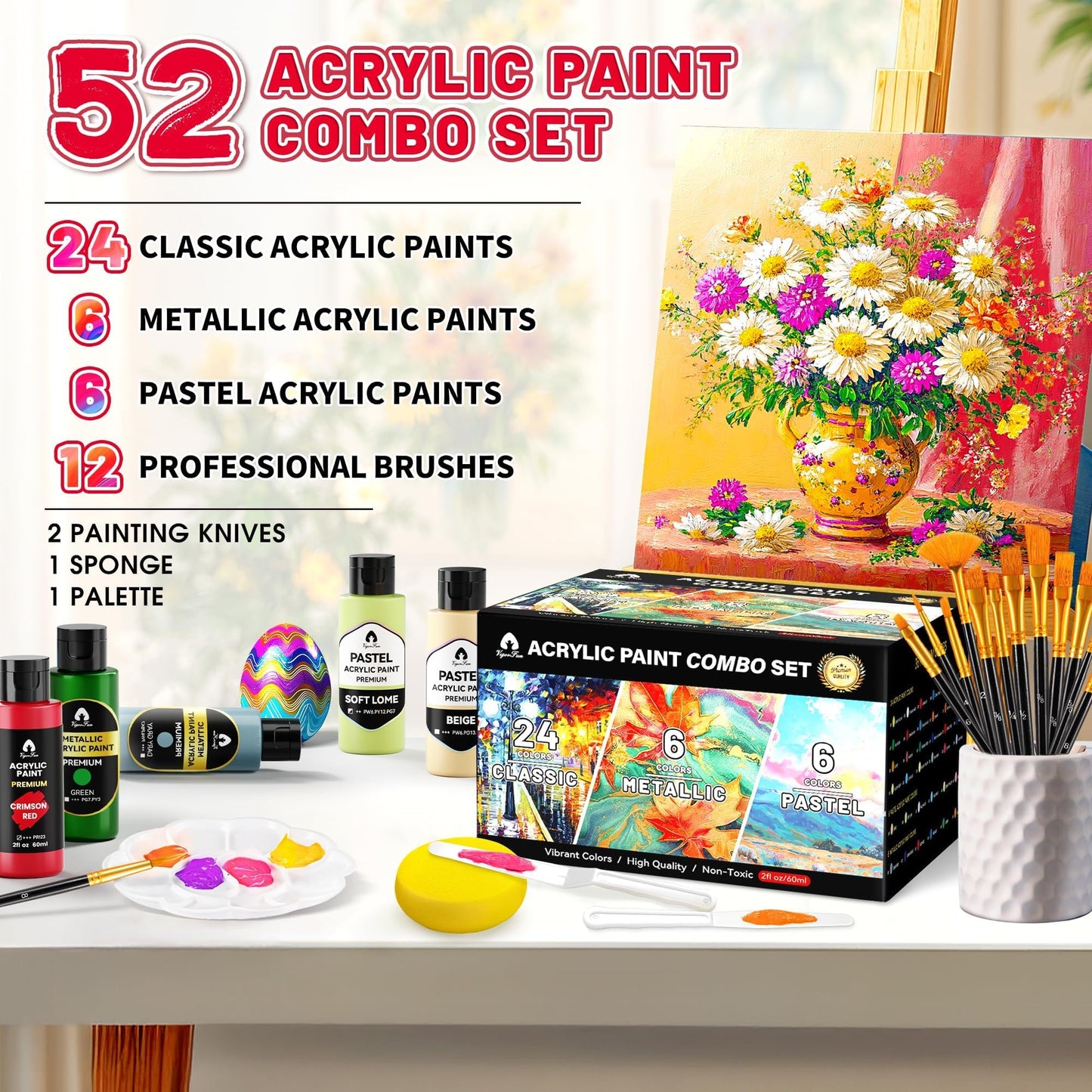52 Pcs Classic & Metallic & Pastel Acrylic Paint Set with 12 Brushes, 2 Knives & Palette, 36 Colors (2oz/60ml) - for Adults, Kids, Artists & Beginners - Arts and Crafts Painting Kit