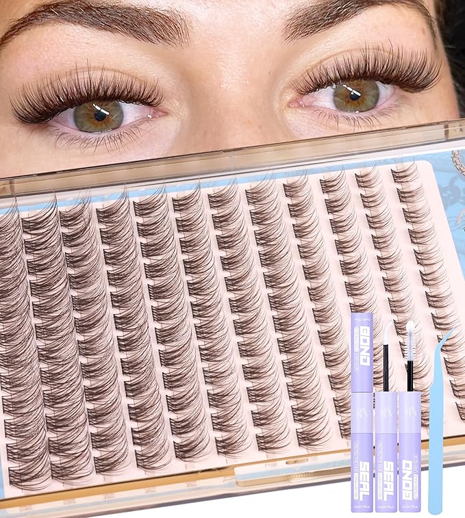 Mavphnee Brown Lash Clusters Kit Natural Eyelash Clusters Dark Brown Eyelash Extensions CC-Curly PestaÃÂ±as Postizas Wispy Individual Lash Extensions Kit 8-16MM Brown Cluster Lashes 144PCS DIY Lash Kit