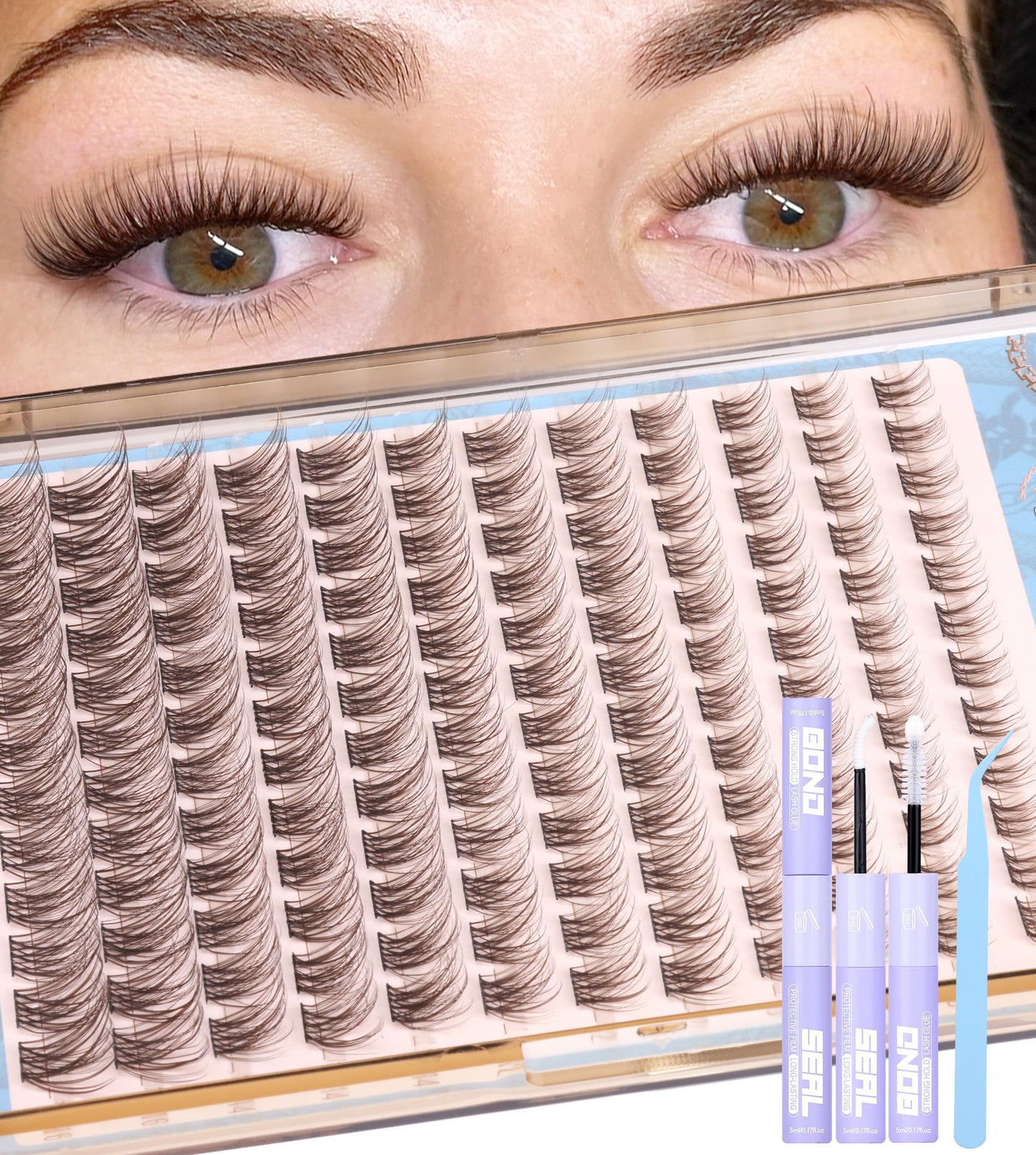 Mavphnee Brown Lash Clusters Kit Natural Eyelash Clusters Dark Brown Eyelash Extensions CC-Curly Pestañas Postizas Wispy Individual Lash Extensions Kit 8-16MM Brown Cluster Lashes 144PCS DIY Lash Kit