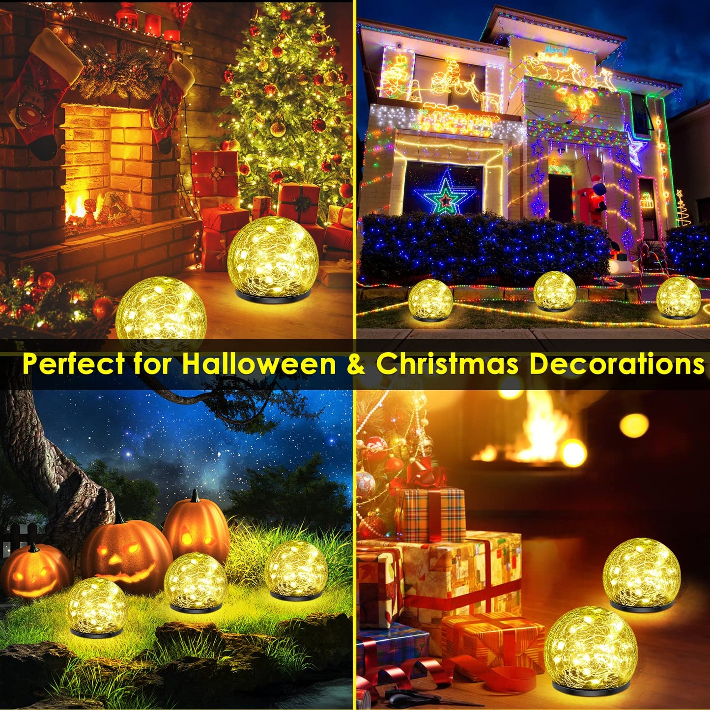 Keevvon Solar Garden Lights, 2 Pack 80 LED Cracked Glass Solar Globe Lights Outdoor Decoration, Upgraded Waterproof Warm White Ball Lights for Yard Pathway Patio Lawn Christmas Outside Decor, 5.9"