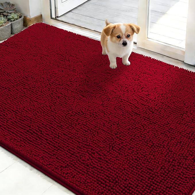 OLANLY Dog Door Mat for Muddy Paws 50x30, Absorbs Moisture and Dirt, Absorbent Non-Slip Washable Doormat, Quick Dry Chenille Mud Mat for Dogs, Entry Indoor Entryway Carpet for Inside Floor, Red