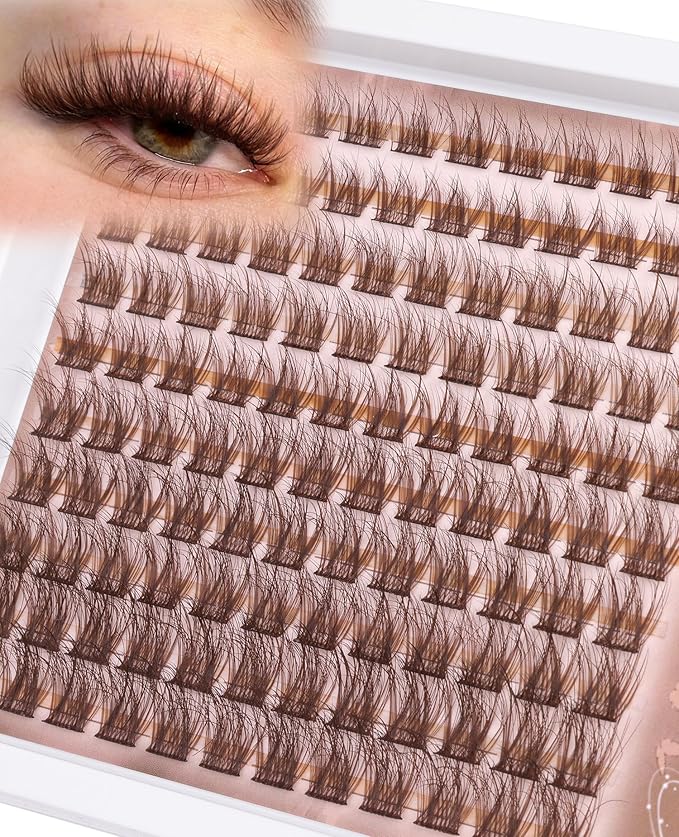 Cluster Lashes Brown Eyelash Clusters Natural Individual Lashes Extensions Fluffy Lash Clusters Wispy Cluster Eyelash Extensions DIY Lash at Home Easy to Apply Dark Brown Lashes (10-16MM, CC-Curly)