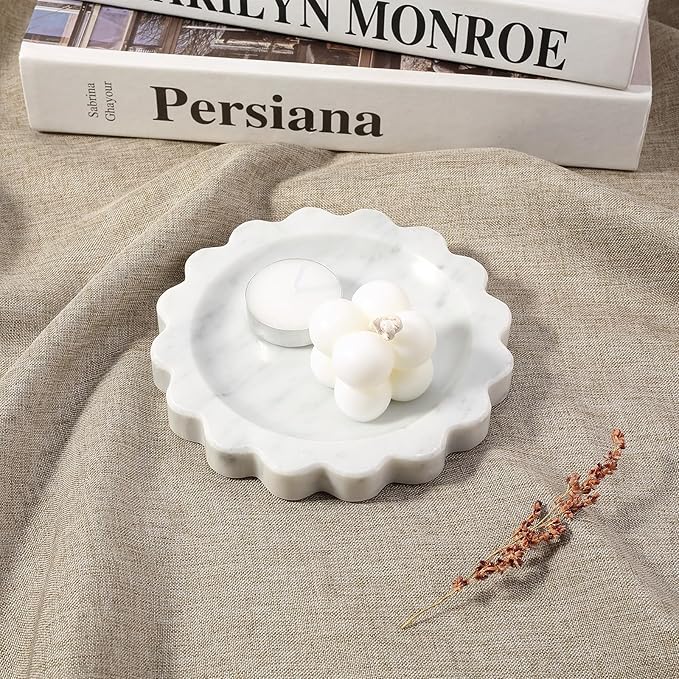 Koville 5.51" Scalloped Marble Tray, Round Stone Jewelry Trinket Dish for Ring, Natural Small Marble Tray for Bathroom Kitchen Dresser Countertop, Decorative Candle Tray(Bianco Carrara)