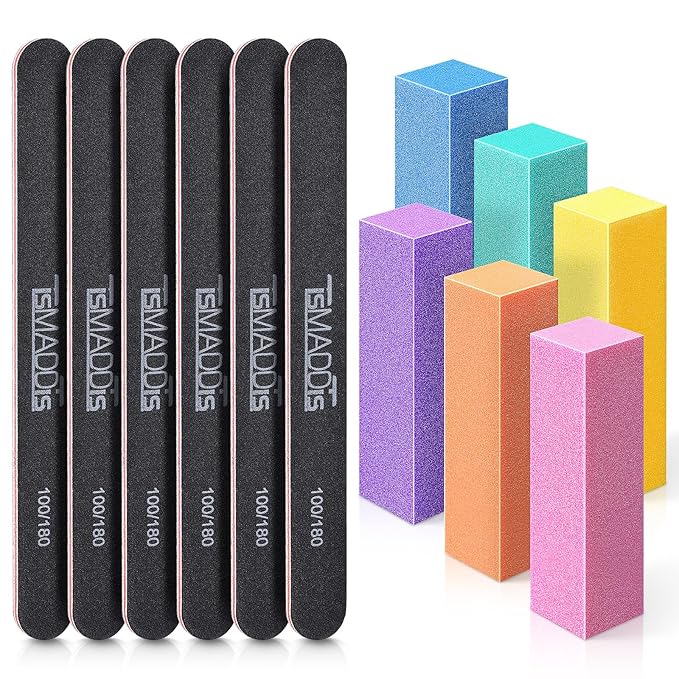 TsMADDTs Nail Files and Buffers, Professional Manicure Tools Kit Rectangular Art Care Buffer Block Tools 100 180 Grit 12 pcs(Black)