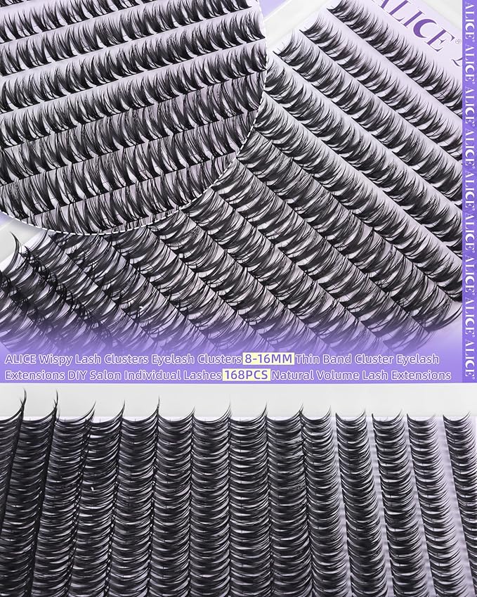 ALICE Flaunt Lash Clusters Wispy Eyelash Clusters 8-16mm Thin Band Cluster Eyelash Extensions DIY Salon Individual Lashes 168pcs Natural Volume Lash Extensions