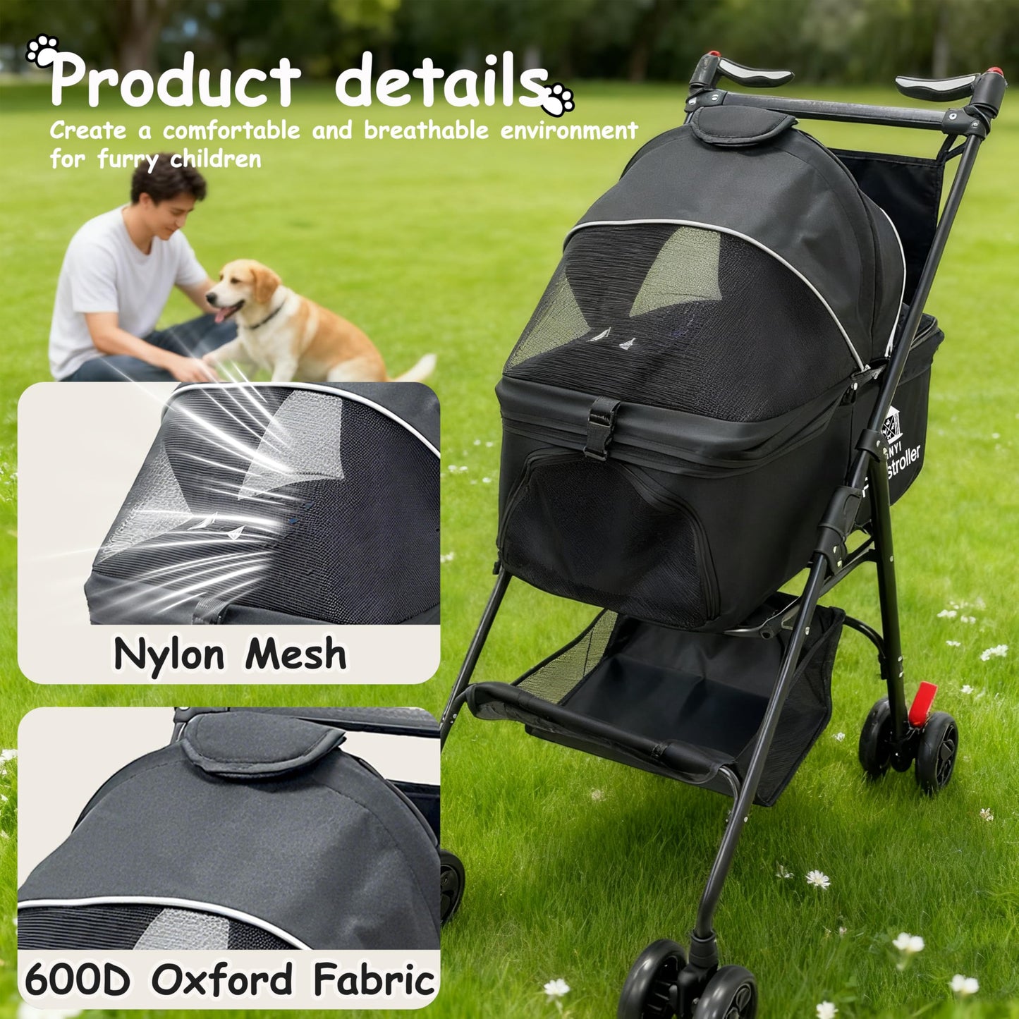 XL Extra-Large Pet Stroller, Running&Travel Pet Cart with Weather Cover, Cat&Dog Stroller for Large/Medium/Small Pets, Outdoor Pet Supplies 16.1"(D) 28"(W) 38.6"(H)