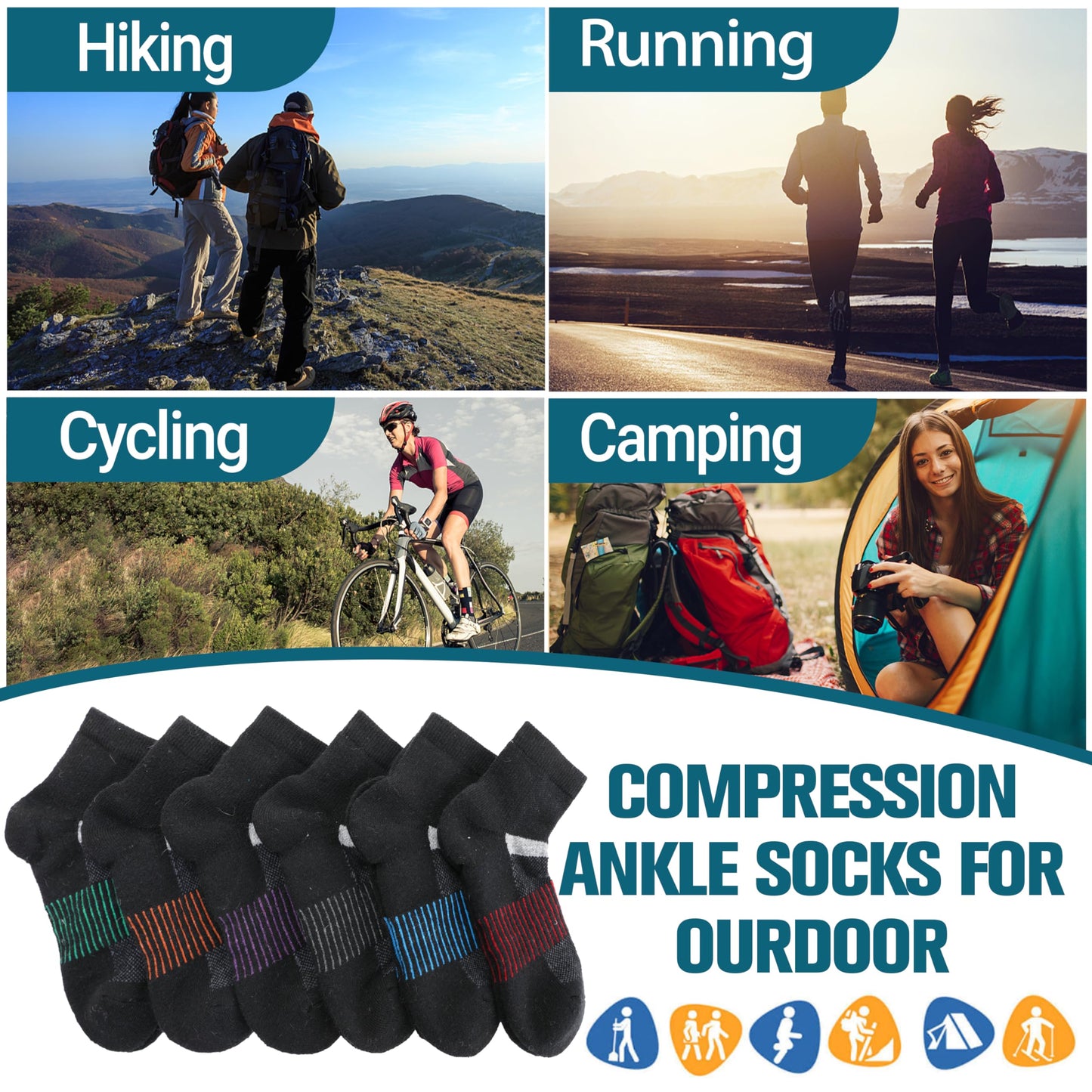 Anlisim Merino Wool Quarter Hiking Socks Compression Warm Thermal Winter Thick Cushion Running Moisture Wicking No Show Socks Gifts Stocking Stuffers for Women Men 6 Pairs(Black Mixed,L)
