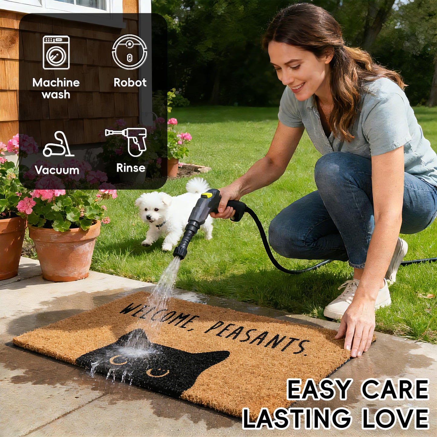 2 Pcs Welcome Peasants Black Cat Door Mat Set, Layered Artificial Coir Doormat with Black White Buffalo Plaid Mat, Non-Slip Cute Funny Front Door Mats for Cats Lovers Owners Porch, Entryway Decor