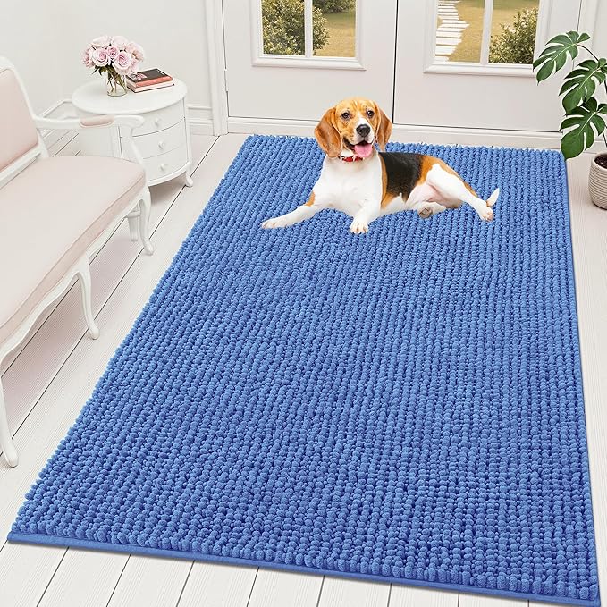OLANLY Dog Door Mat for Muddy Paws 59x35, Ultra Absorbent Chenille Mud Doormat, Non-Slip Washable and Dirt Trapping Doormat for Indoor Entryway, Quick-Dry Indoor Pet Bed Mats for Dogs, Cornflower Blue