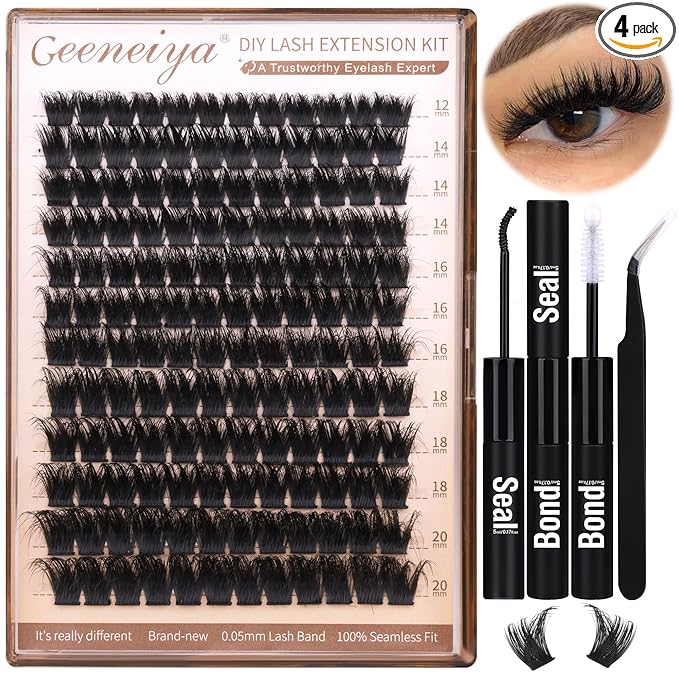 Geeneiya 200D Lash Clusters Kit Thick Lash Extension Kit 10-20mm Wispy Cluster Eyelash Extensions Individual Eyelashes Kit with Lash Bond and Seal DIY Lashes Applicator for Beginners