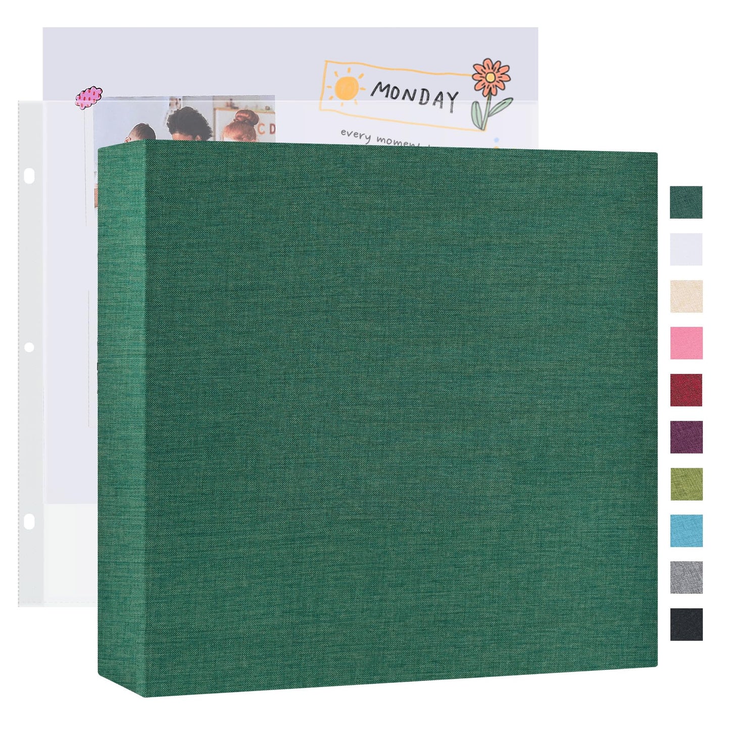 Mublalbum 12x12 Inch Large 3 Ring DIY Scrapbook Photo Album with 40 Plastic Sleeves 80 Pages Linen Cover Folder Binder for Baby Travel Wedding Couple Anniversary and DIY Projects (Dark Green)