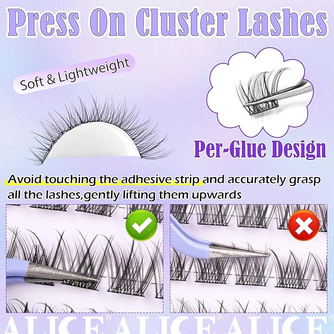 ALICE Self Adhesive Lashes Natural Look Self Adhesive Lash Clusters Wispy Reusable Press on Lashes Pre-Glue 8-14mm 120pcs C-Curly No Glue Needed Eyelashes