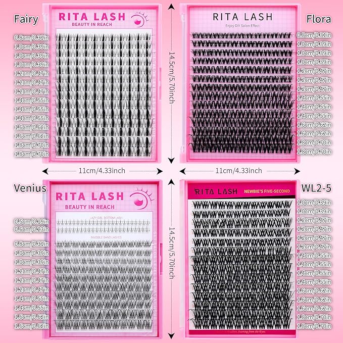 Flora Lash Clusters Hybrid Volume Wispy Cluster Lashes WideSpan DIY Eyelash Extension Cat Eye Lashes Individual Eyelash Clusters Invisible Lash Band(Flora,8-18mm)