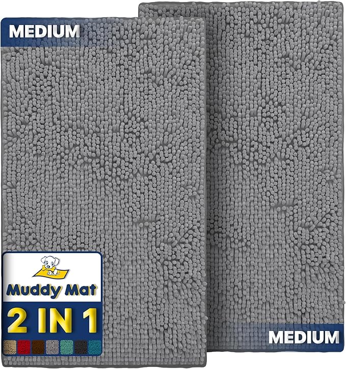 Muddy Mat® 2-Piece Grey Medium 30"X19" AS-SEEN-ON-TV Highly Absorbent Microfiber Door Mat, Bath Mat and Pet Rug, Non Slip Thick Washable, Soft Chenille for Kitchen Bathroom Bedroom Indoor and Outdoor
