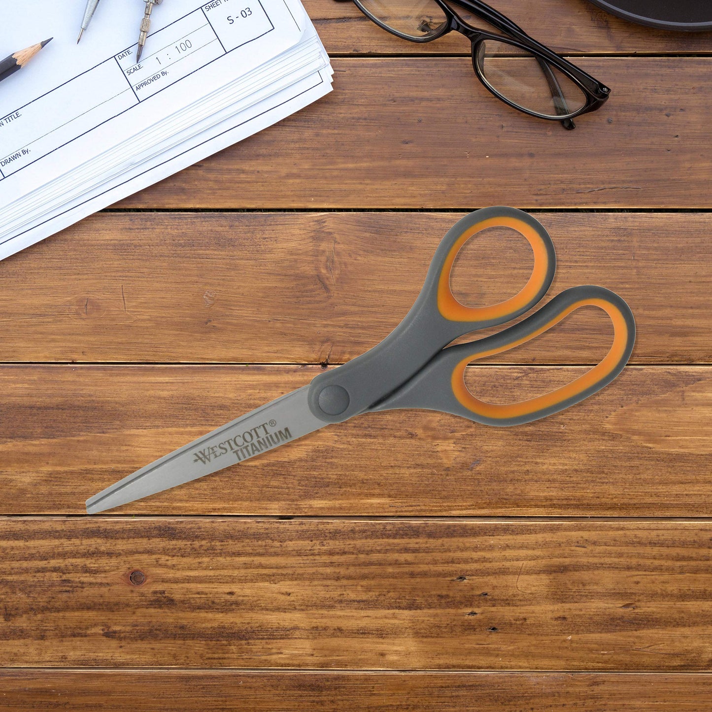 Westcott 8-Inch Titanium Bonded Straight Scissors, Soft Handle, Gray/Yellow, 4-Pack